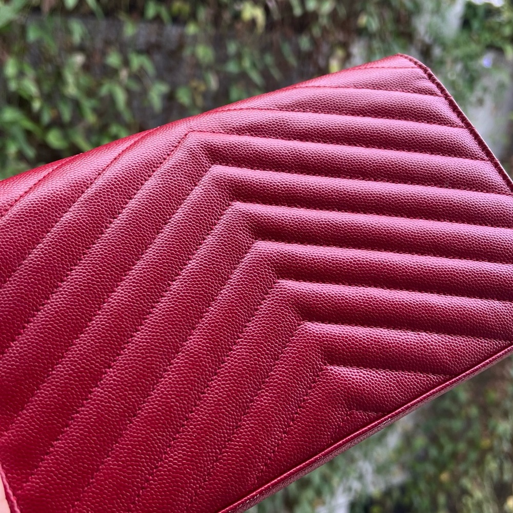 Saint Laurent Red Quilted Chevron Envelope Clutch with Silver YSL Emblem - Picture 2 of 3